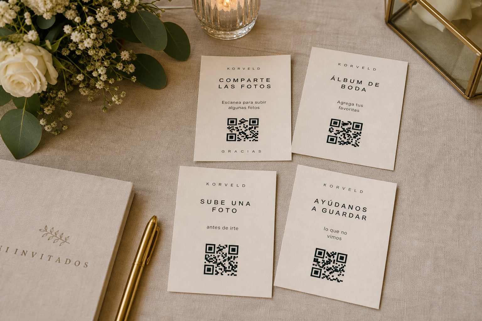 Tarjeta impresa con instrucciones para subir fotos de boda