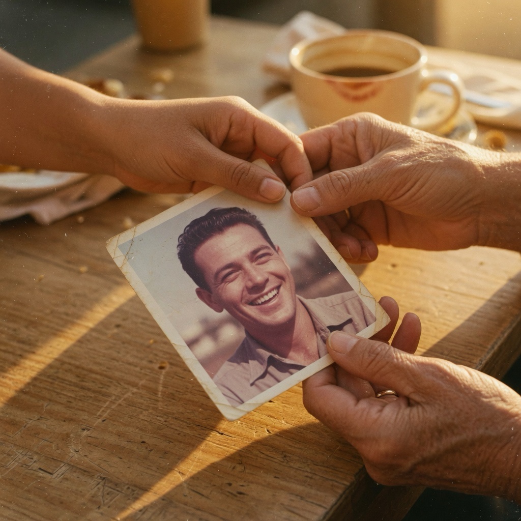 Two hands from different generations holding an old printed photo of a smiling man