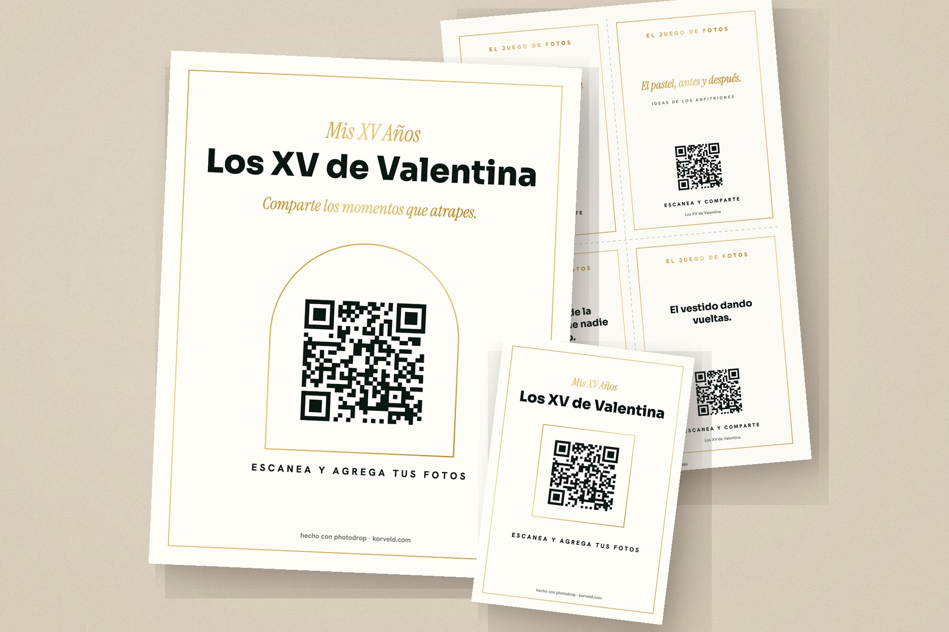 Kit imprimible de Photodrop: la bienvenida 8x10, tarjetas de ideas para fotos y la tarjeta de mesa 5x7, cada una con el nombre del evento y su código QR