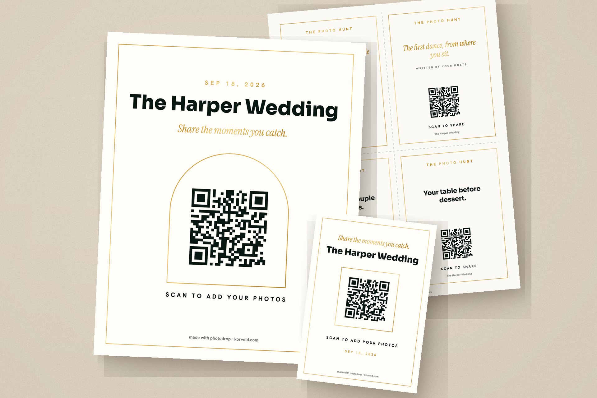 Photodrop paper suite: an 8x10 welcome sign, photo idea cards, and a 5x7 table card, each carrying the event name and QR